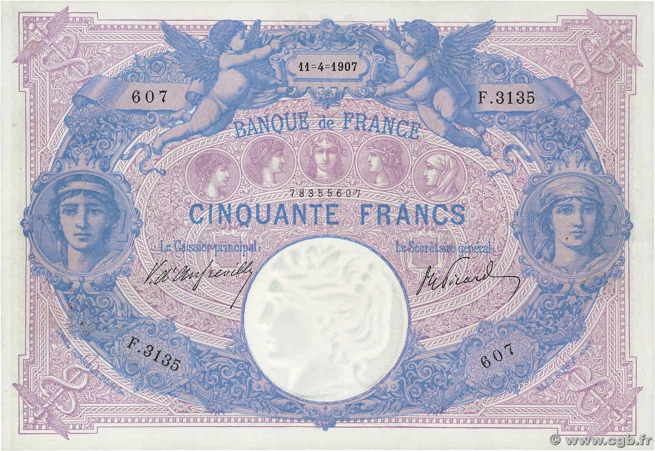 50 Francs BLEU ET ROSE FRANKREICH  1907 F.14.19 fVZ