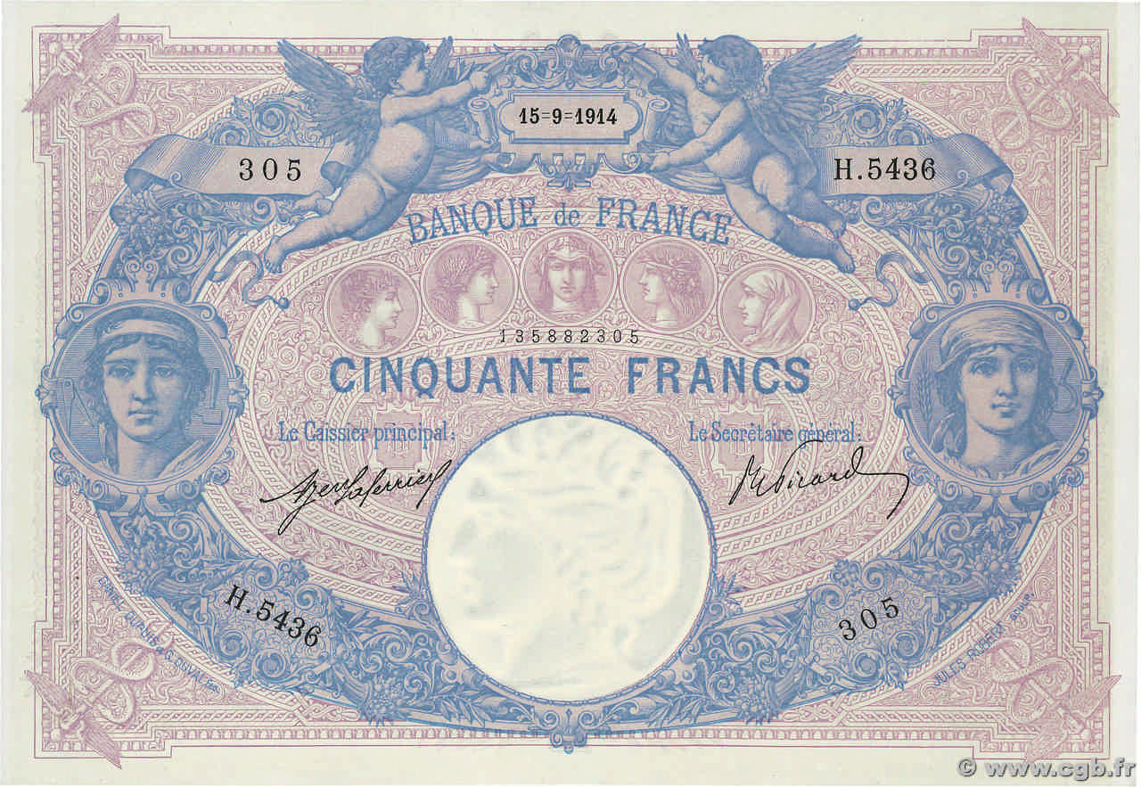 50 Francs BLEU ET ROSE FRANKREICH  1914 F.14.27 fST