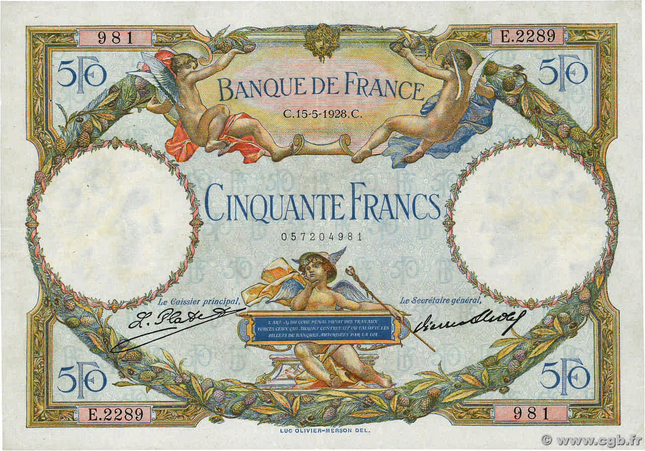50 Francs LUC OLIVIER MERSON FRANCIA  1928 F.15.02 q.SPL