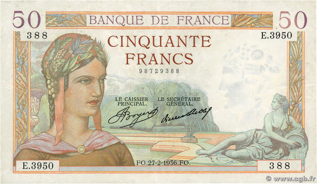 50 Francs CÉRÈS FRANCE  1936 F.17.22 TTB