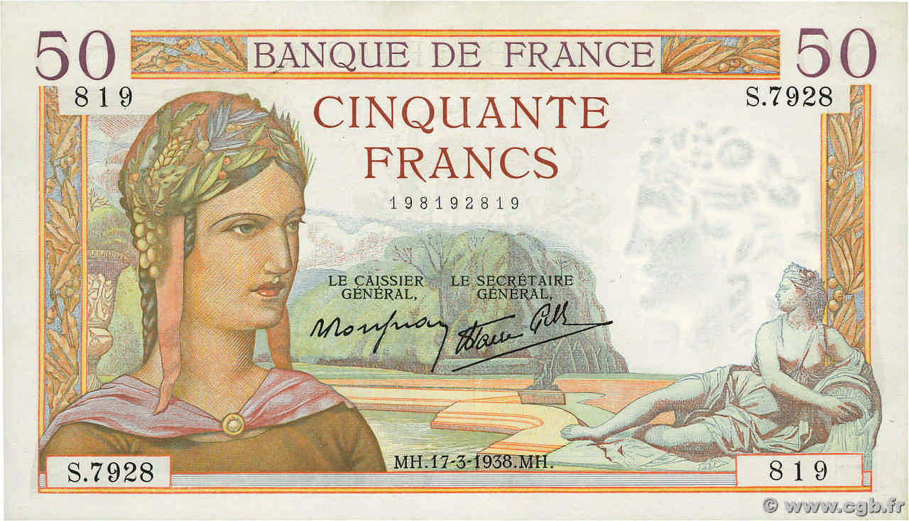 50 Francs CÉRÈS modifié FRANCE  1938 F.18.10 SUP+