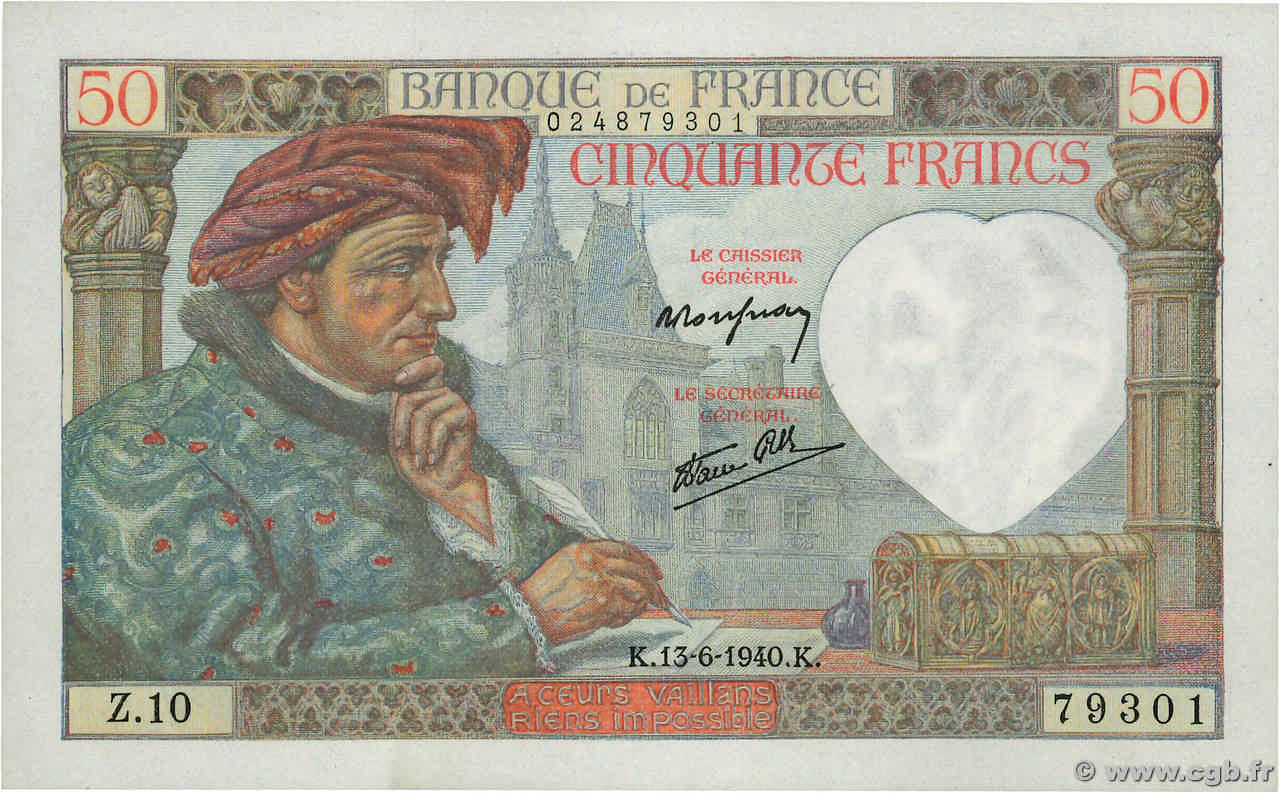 50 Francs JACQUES CŒUR FRANCE  1940 F.19.01 pr.NEUF