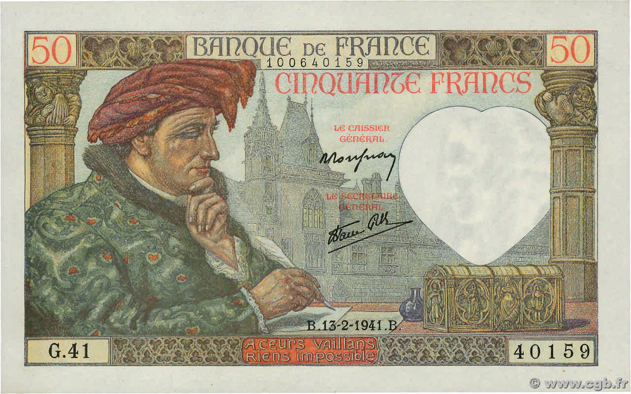 50 Francs JACQUES CŒUR FRANCE  1941 F.19.06 SPL
