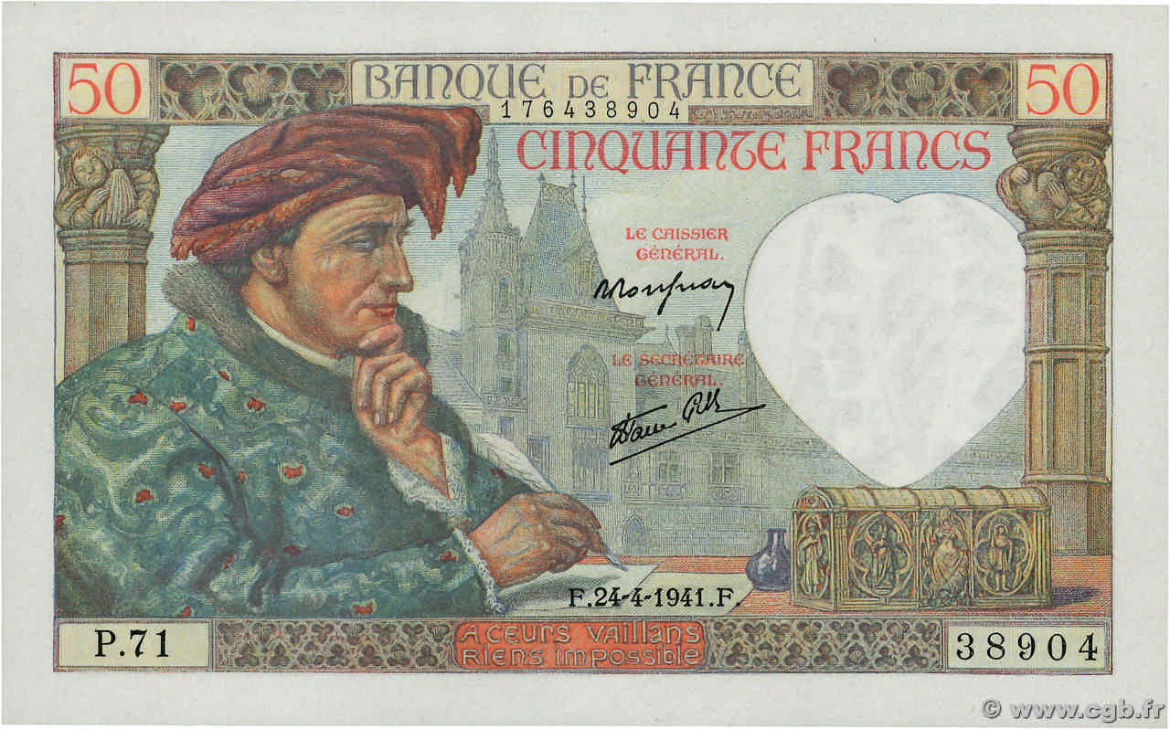 50 Francs JACQUES CŒUR FRANKREICH  1941 F.19.09 fST+