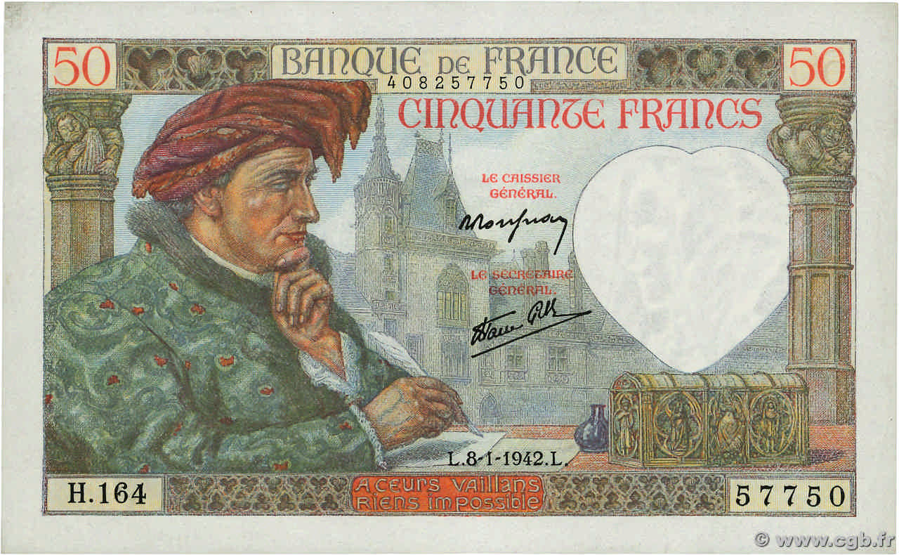 50 Francs JACQUES CŒUR FRANCIA  1942 F.19.18 q.FDC