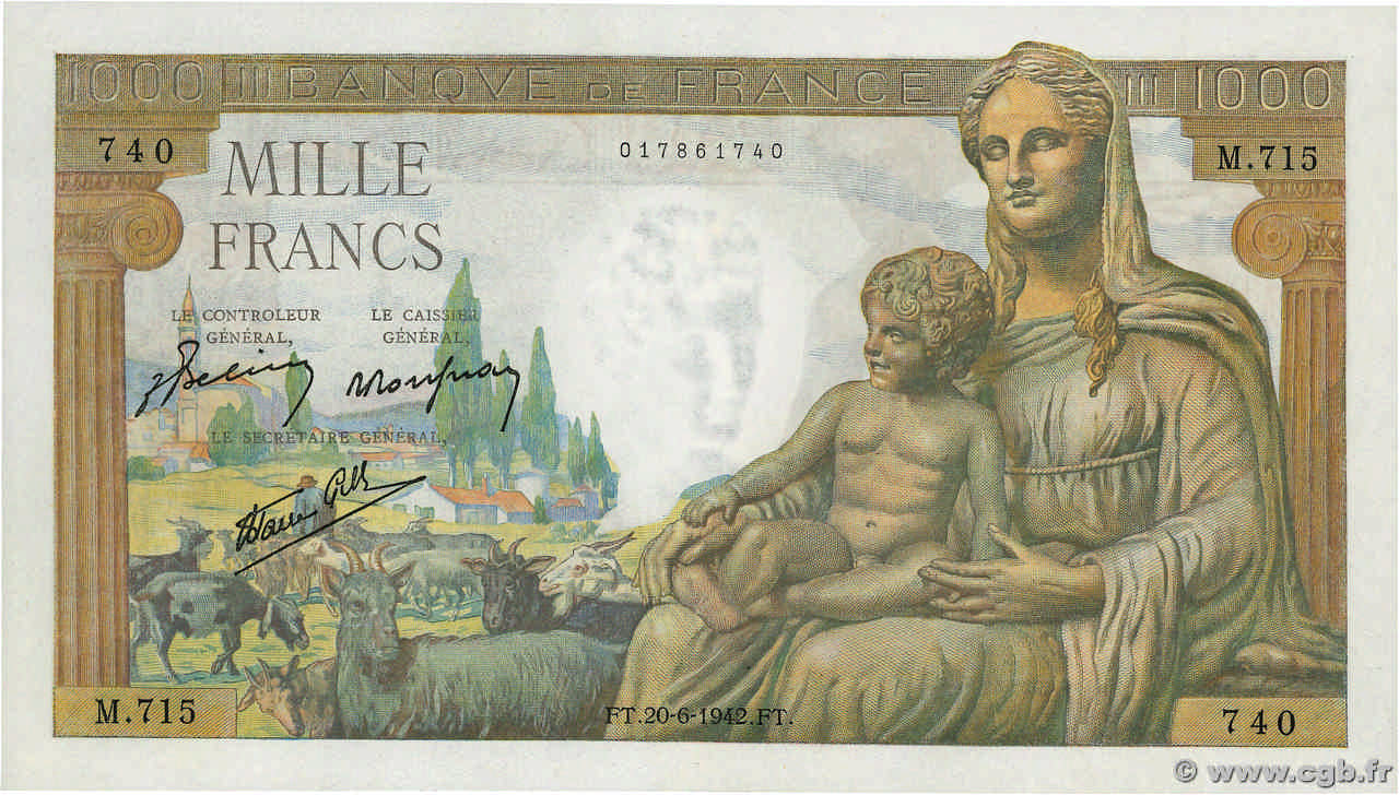1000 Francs DÉESSE DÉMÉTER FRANCE  1942 F.40.03 NEUF
