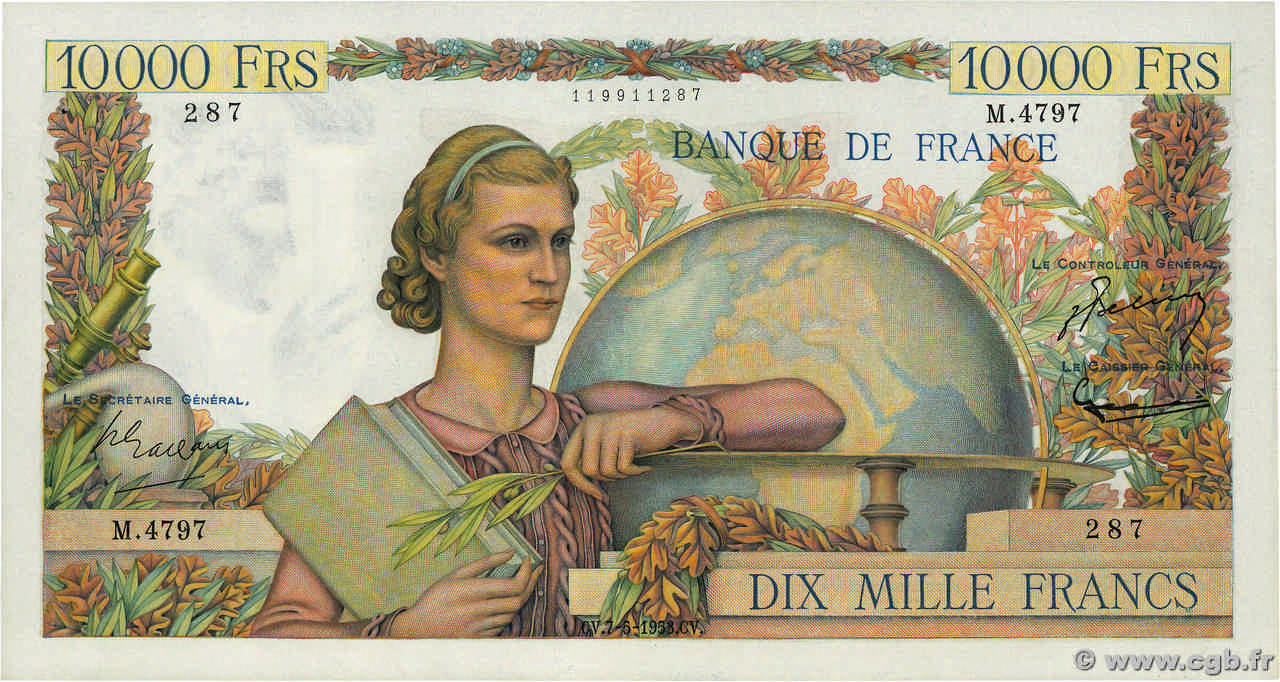 10000 Francs GÉNIE FRANÇAIS FRANCE  1953 F.50.65 SUP
