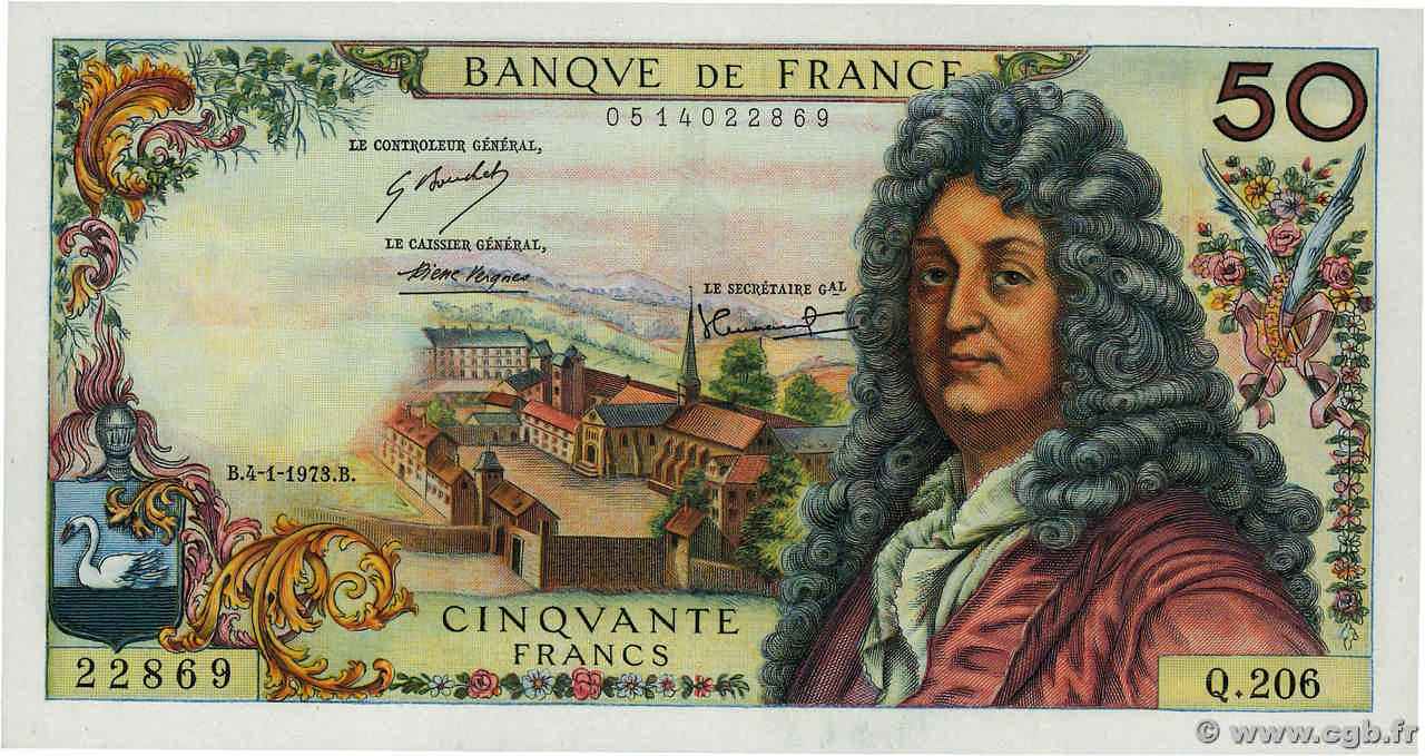 50 Francs RACINE FRANCIA  1973 F.64.22 q.FDC