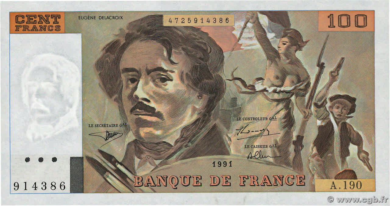 100 Francs DELACROIX imprimé en continu FRANCE  1991 F.69bis.04a pr.NEUF