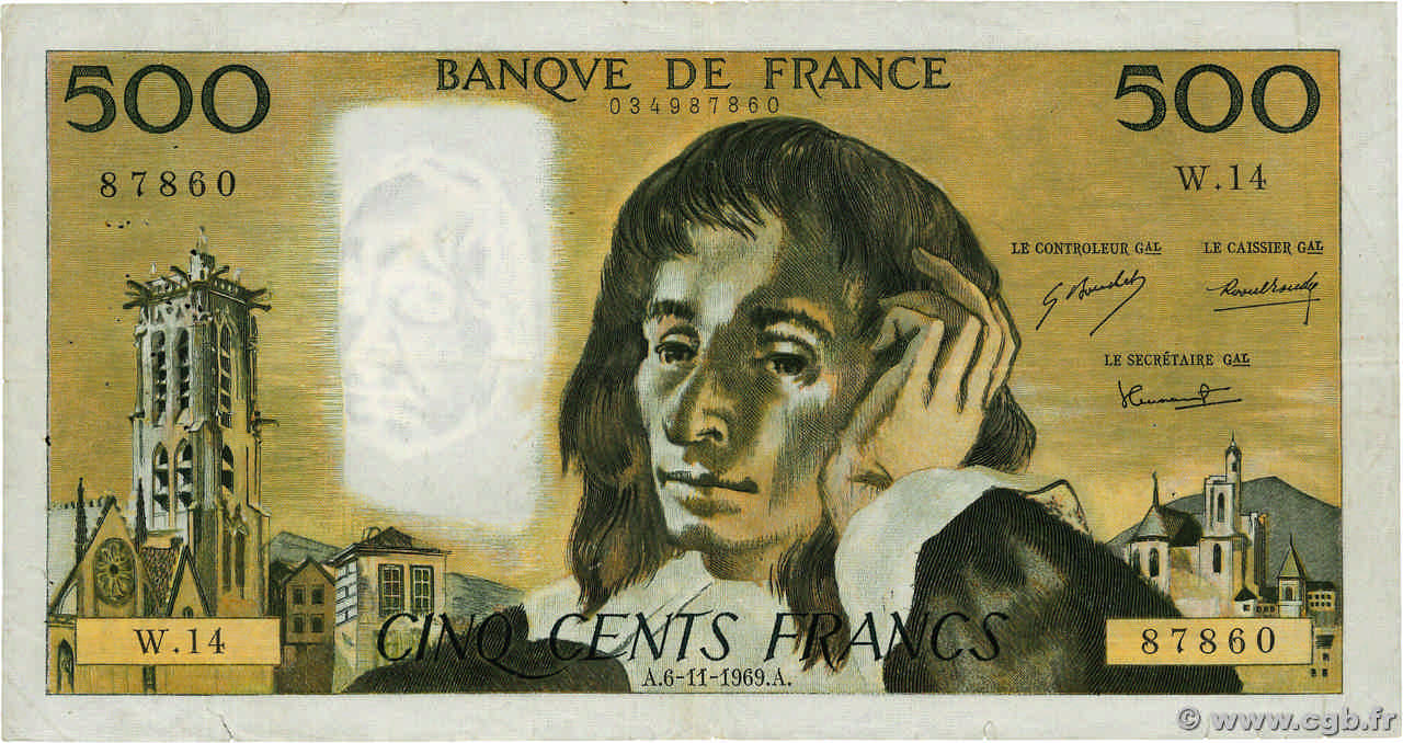 500 Francs PASCAL FRANCE  1969 F.71.04 VF-