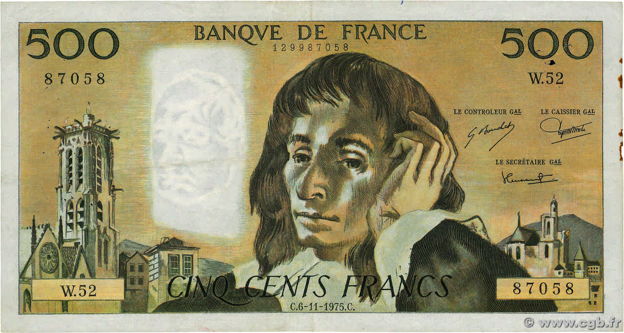 500 Francs PASCAL FRANCE  1975 F.71.13 VF-