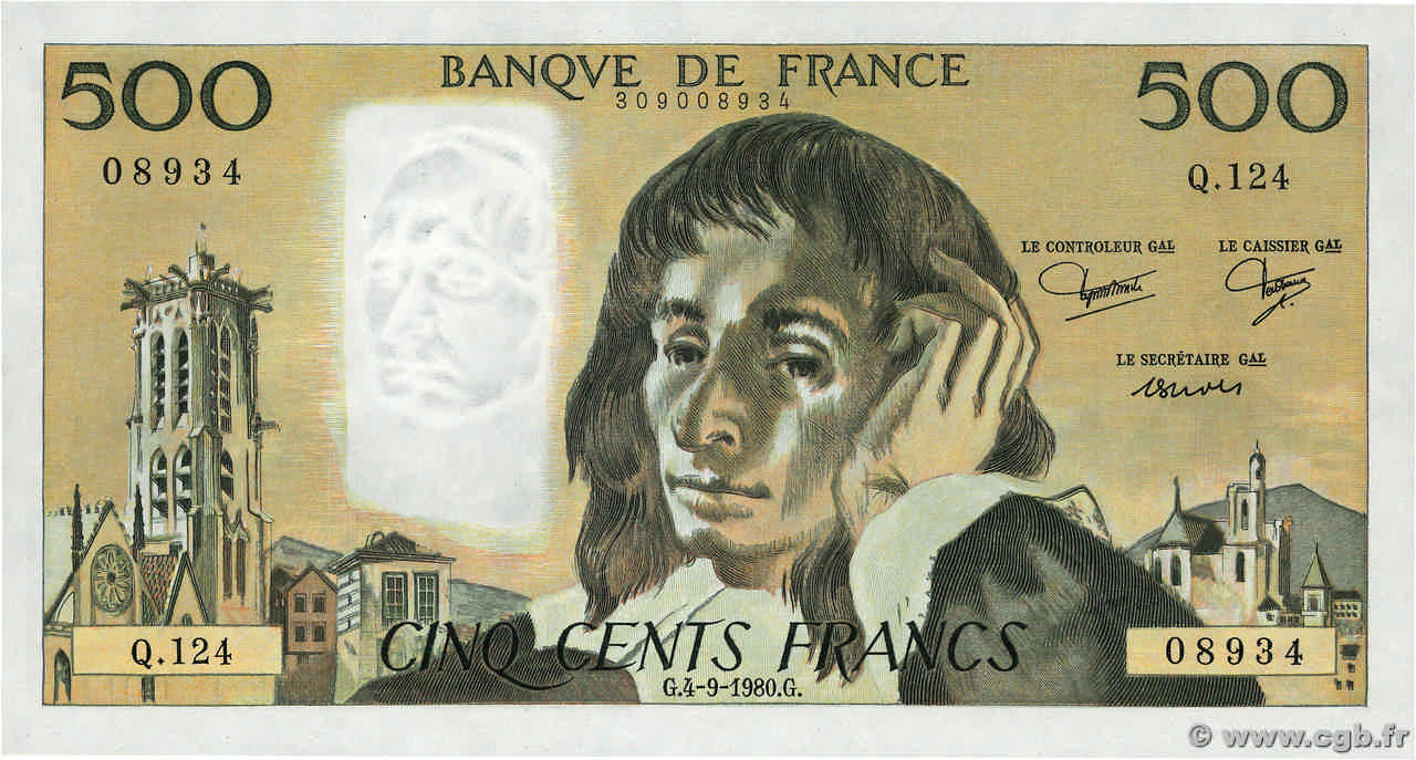 500 Francs PASCAL FRANKREICH  1980 F.71.22 fST+