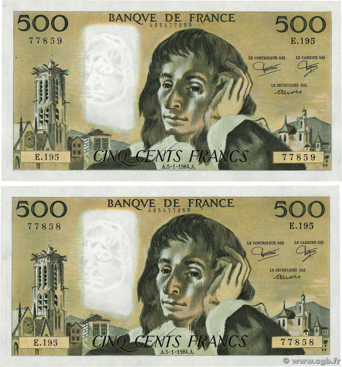 500 Francs PASCAL Consécutifs FRANCE  1984 F.71.30 UNC-