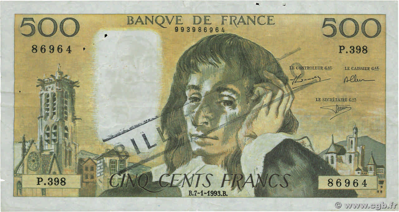 500 Francs PASCAL Faux FRANCE  1993 F.71.51 TTB