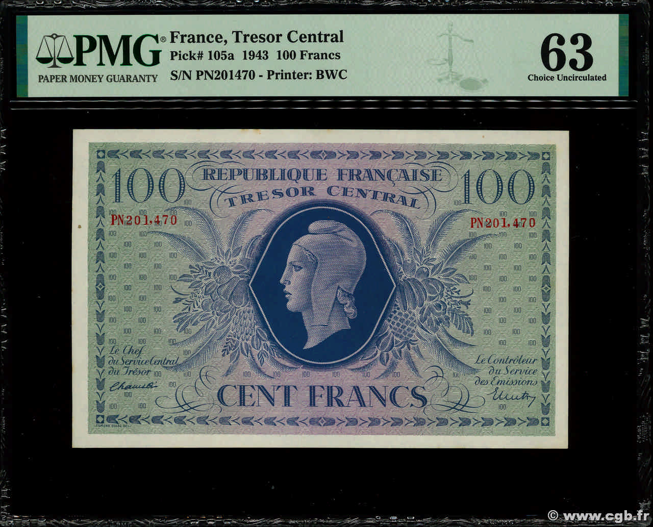 100 Francs MARIANNE FRANKREICH  1943 VF.06.01g fST+