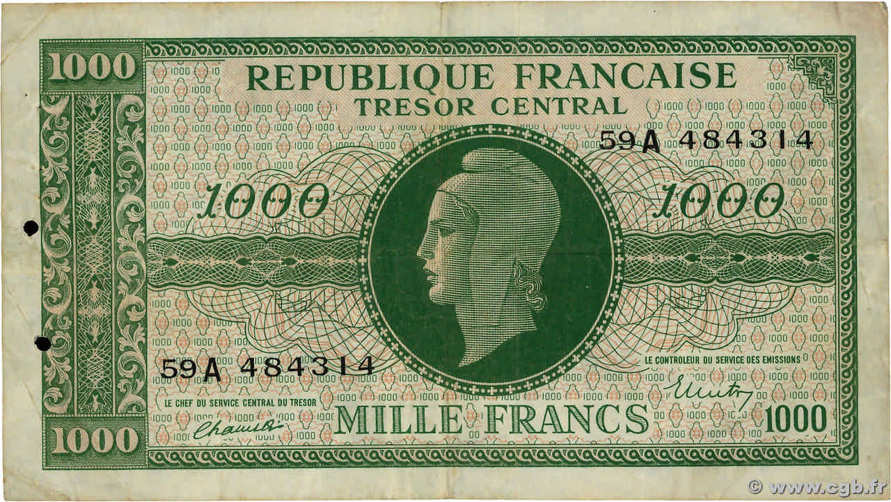 1000 Francs MARIANNE BANQUE D ANGLETERRE FRANCIA  1945 VF.12.01 MBC
