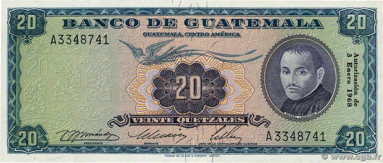 20 Quetzales GUATEMALA  1968 P.055d SPL