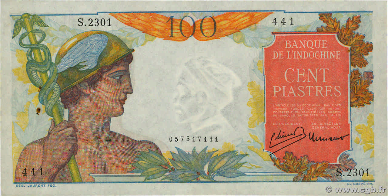 100 Piastres INDOCINA FRANCESE  1947 P.082b SPL