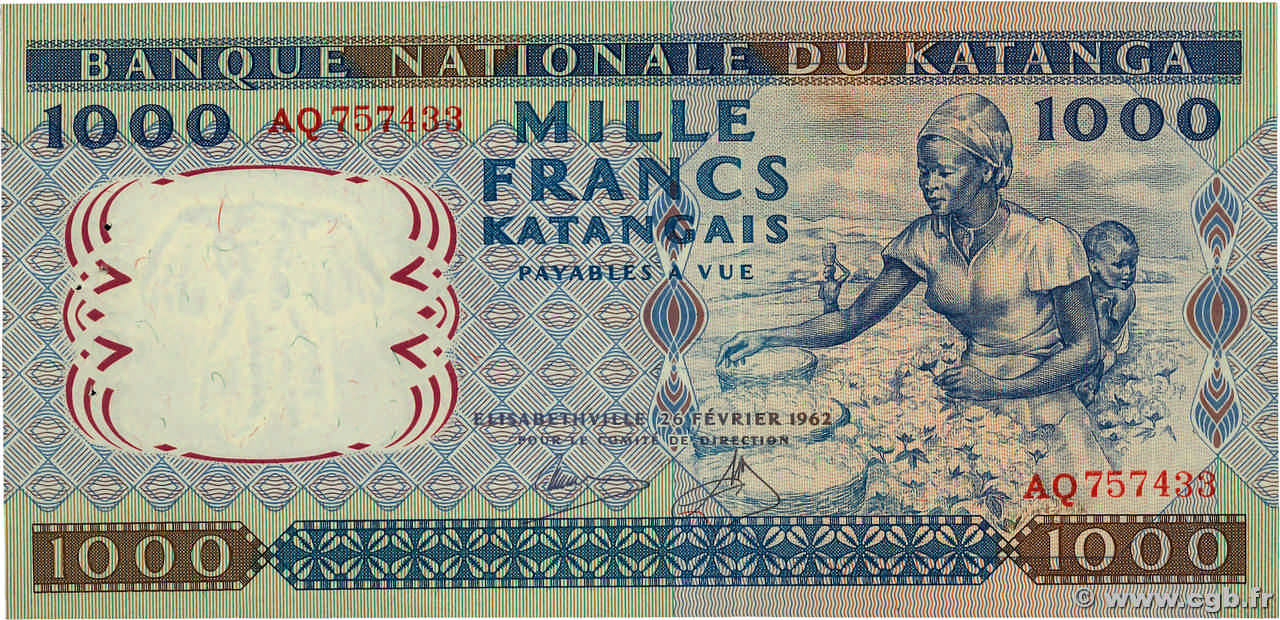 1000 Francs KATANGA  1962 P.14a pr.SUP