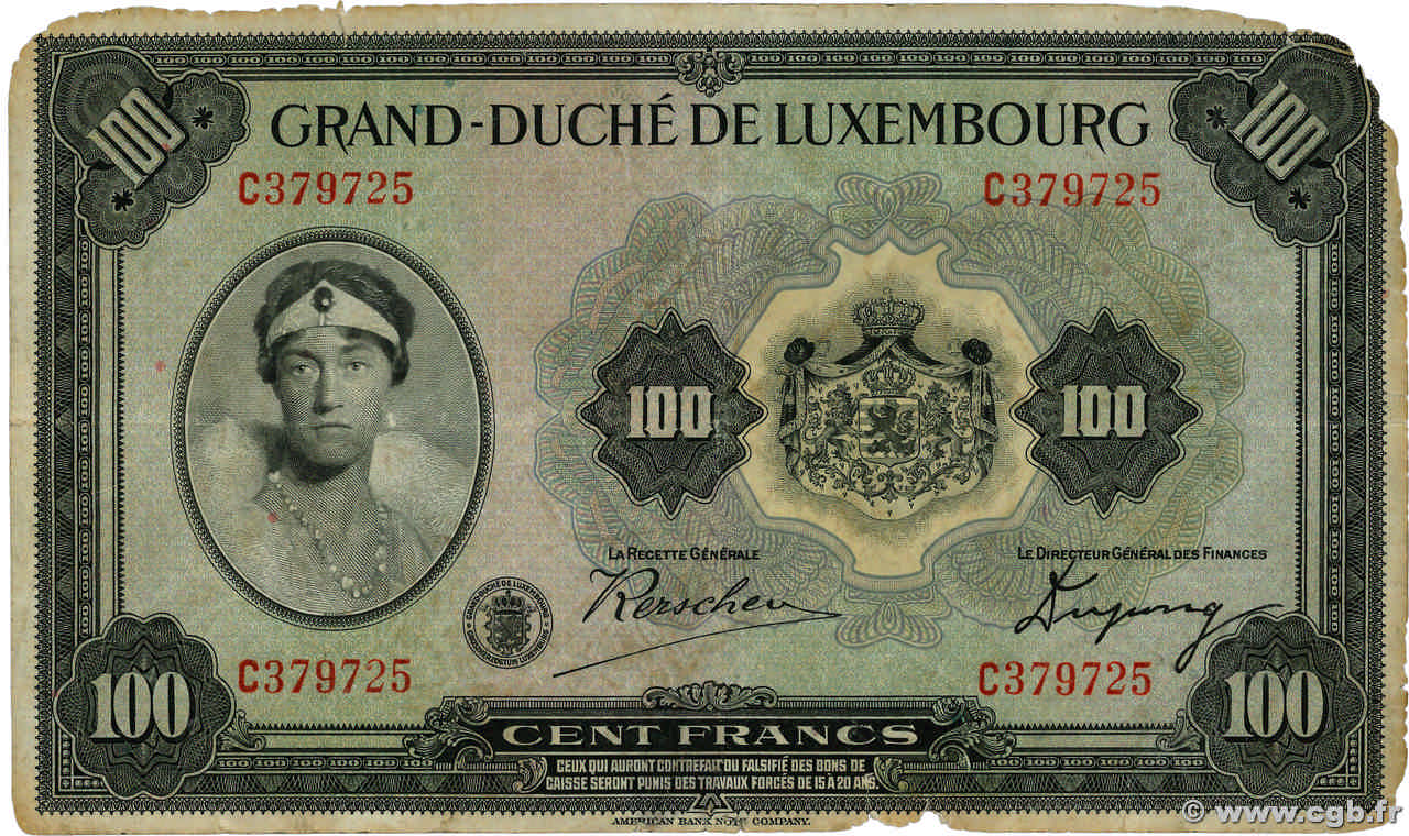 100 Francs LUSSEMBURGO  1934 P.39a MB
