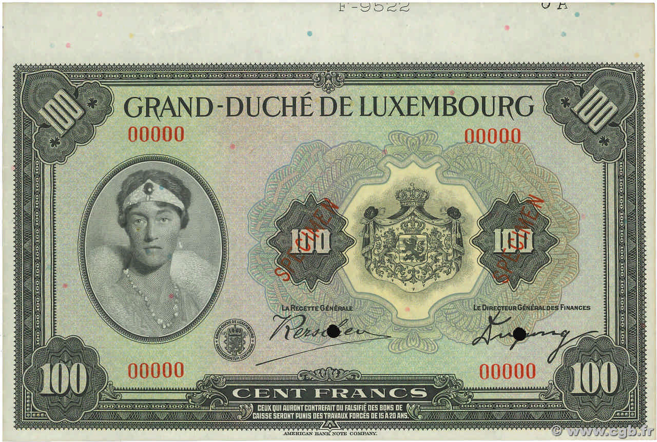 100 Francs Épreuve LUXEMBOURG  1934 P.39e SPL