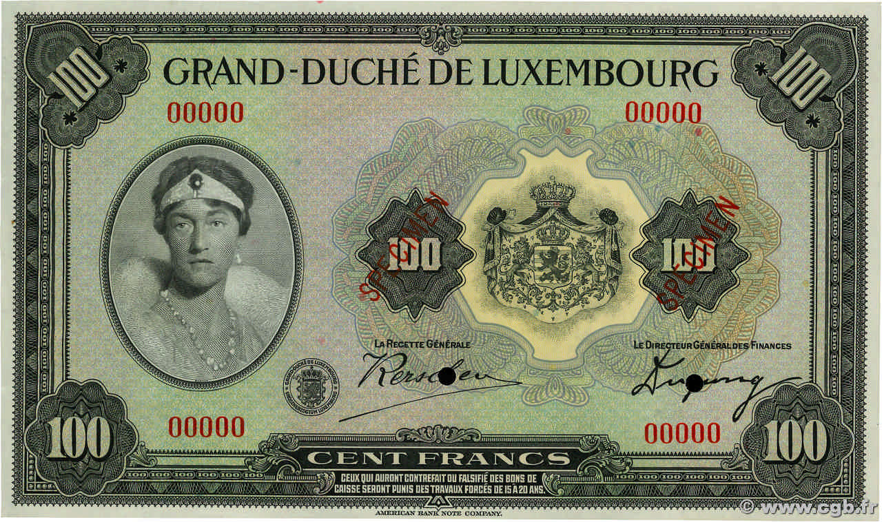 100 Francs Spécimen LUXEMBURG  1934 P.39s fST+