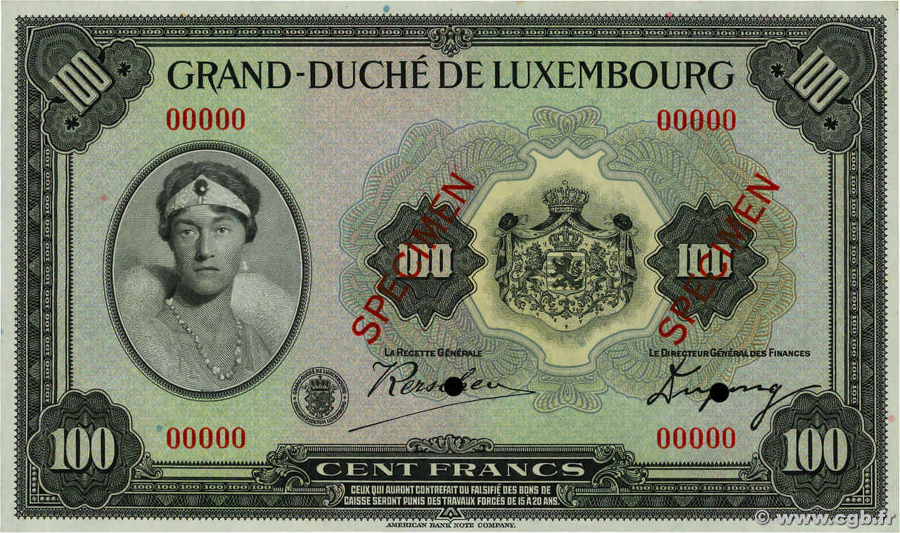 100 Francs Spécimen LUSSEMBURGO  1934 P.39s q.FDC