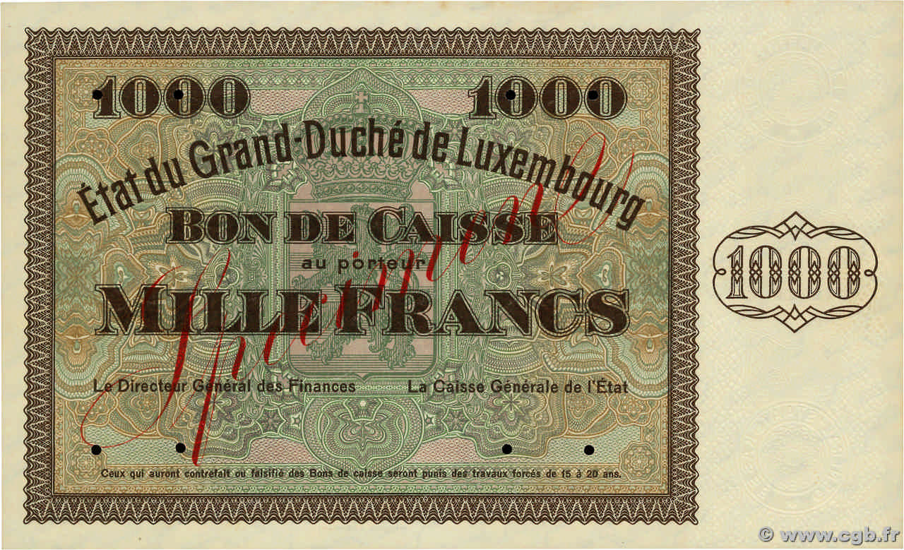 1000 Francs Épreuve LUXEMBOURG  1939 P.40e UNC-