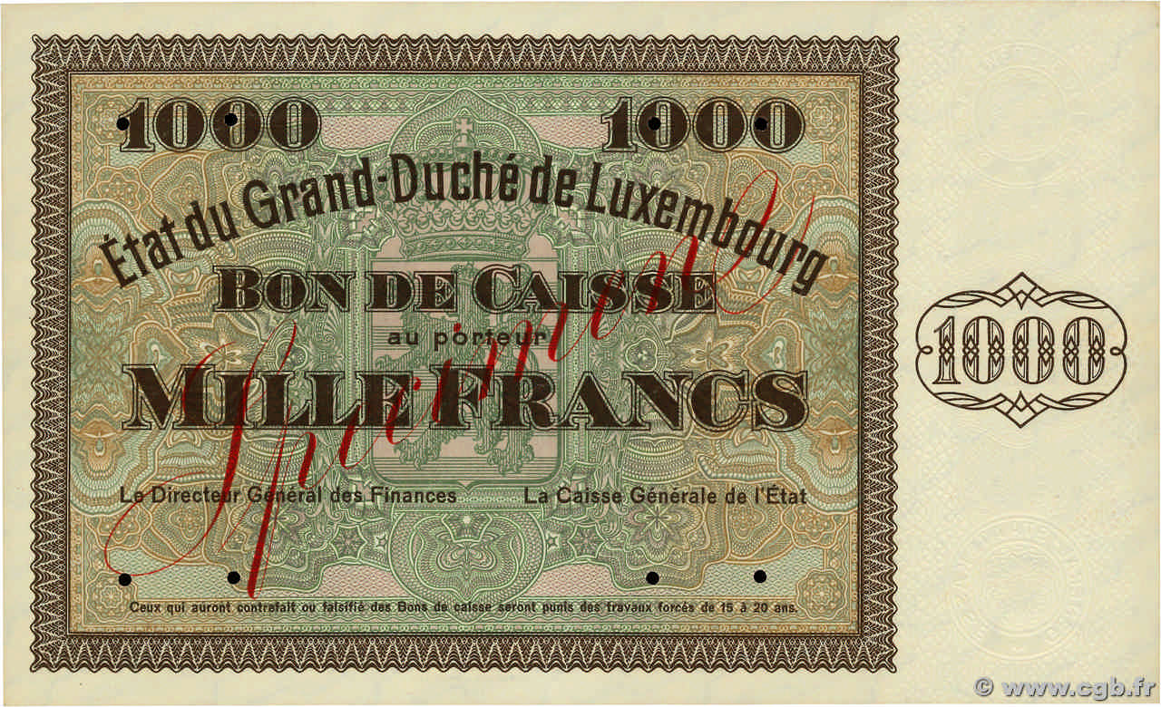 1000 Francs Épreuve LUXEMBOURG  1939 P.40e NEUF