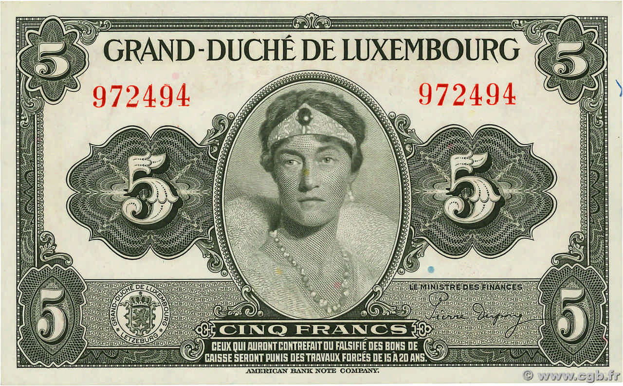 5 Francs LUXEMBOURG  1944 P.43a pr.NEUF