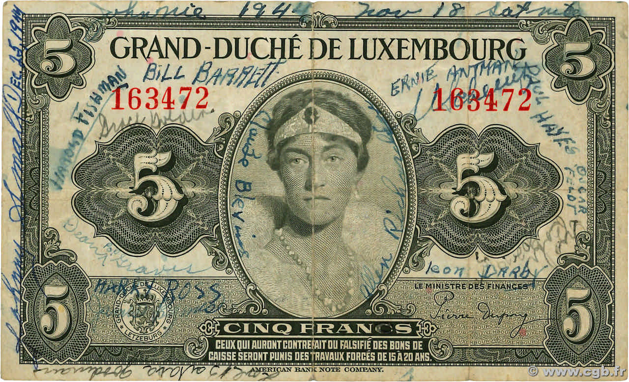 5 Francs LUXEMBURGO  1944 P.43a MBC