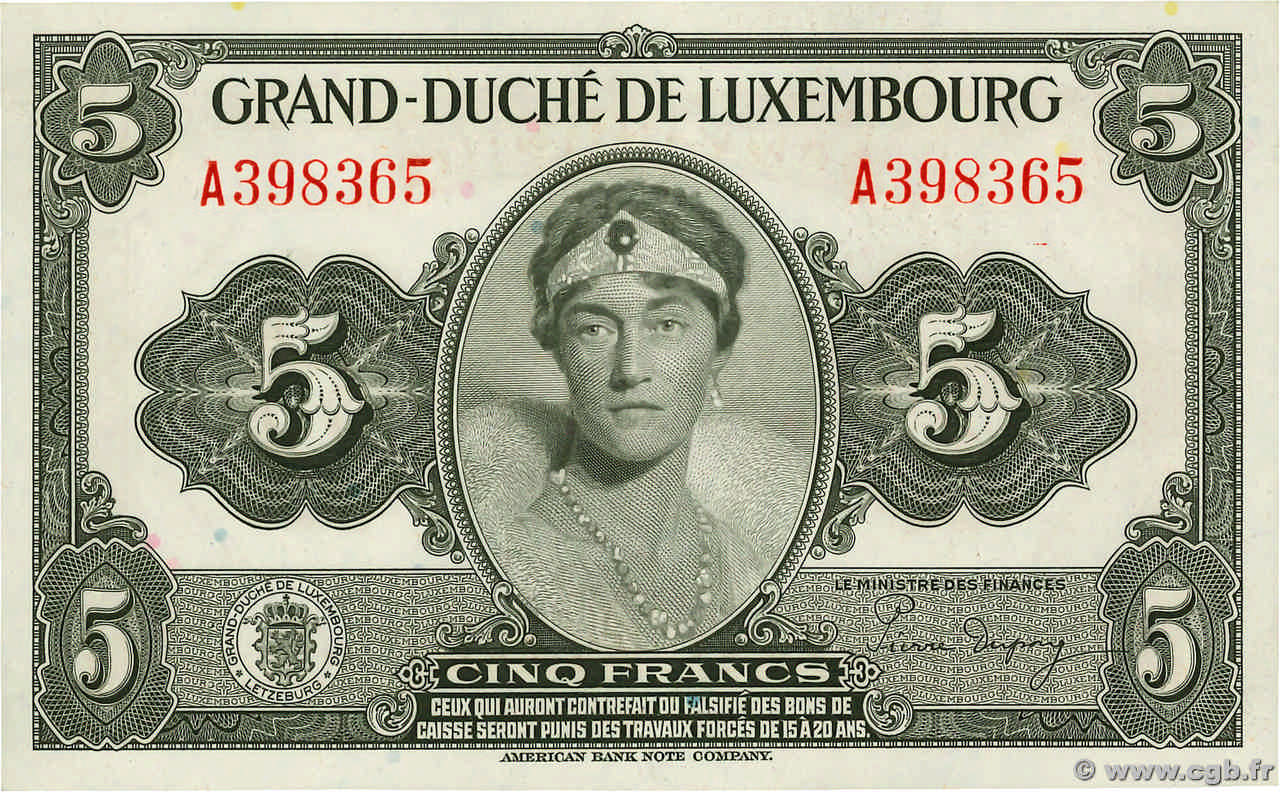 5 Francs LUSSEMBURGO  1944 P.43b q.FDC