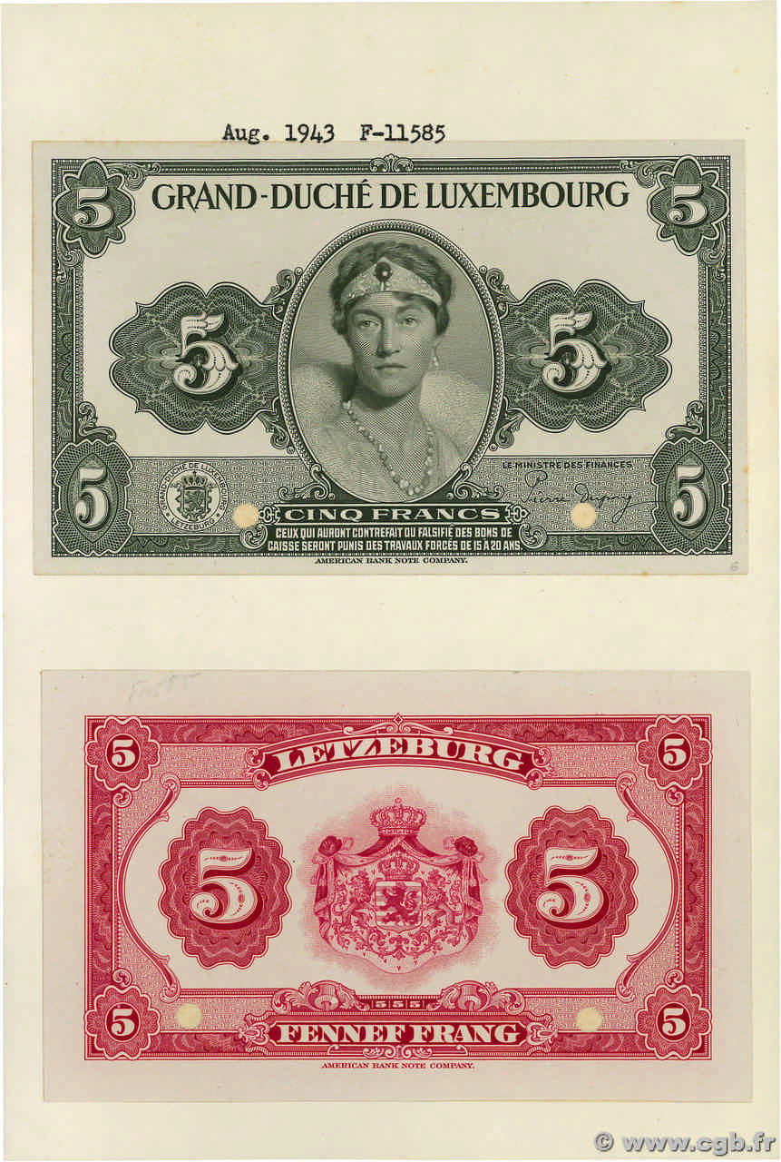 5 Francs Épreuve LUXEMBOURG  1943 P.43e NEUF