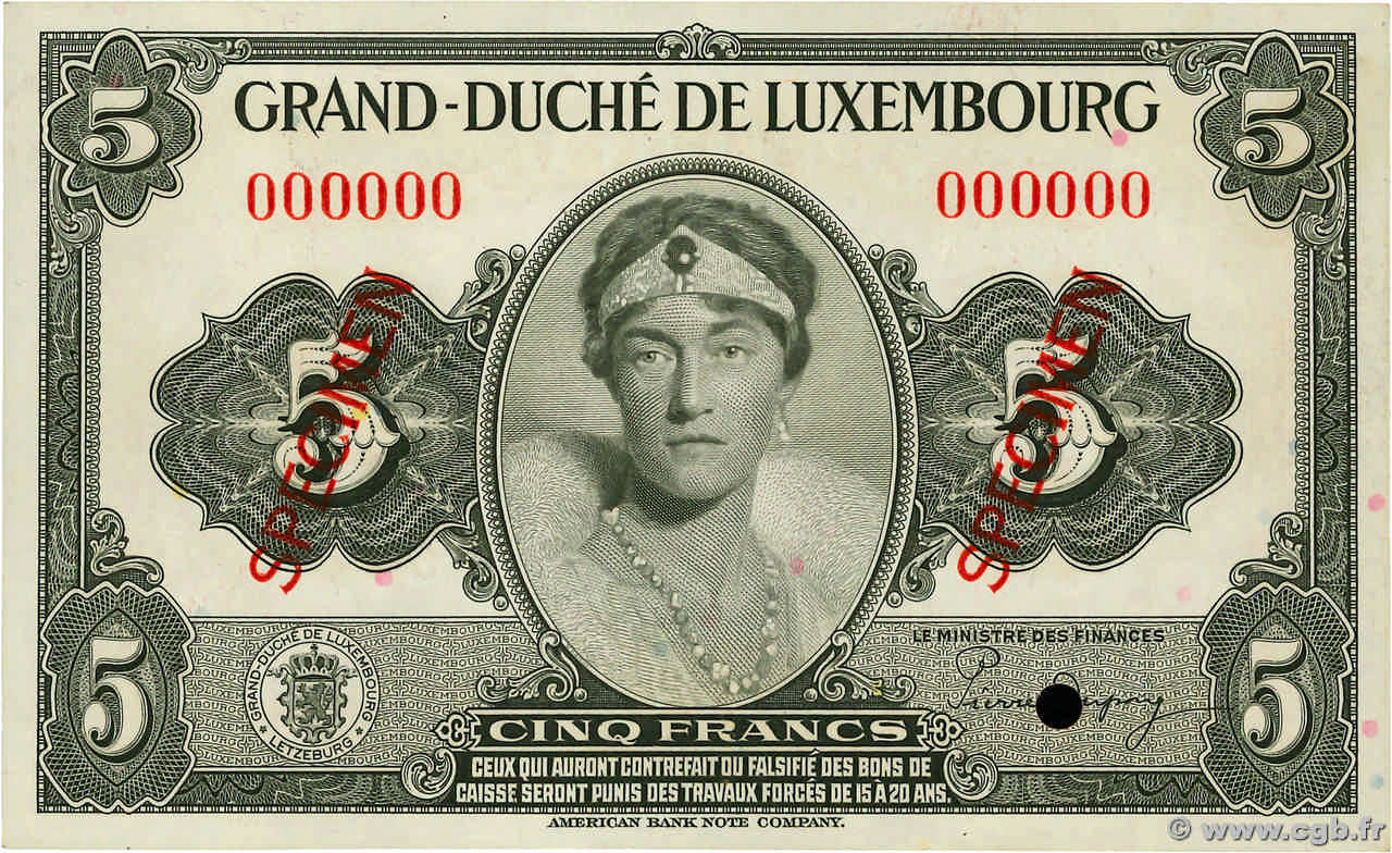 5 Francs Spécimen LUXEMBOURG  1944 P.43s pr.NEUF