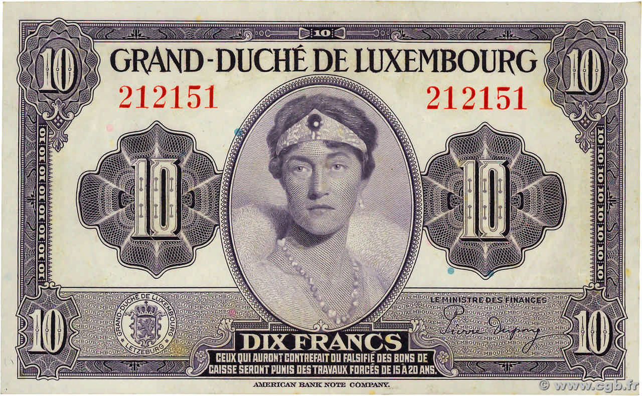 10 Francs LUXEMBOURG  1944 P.44a pr.NEUF