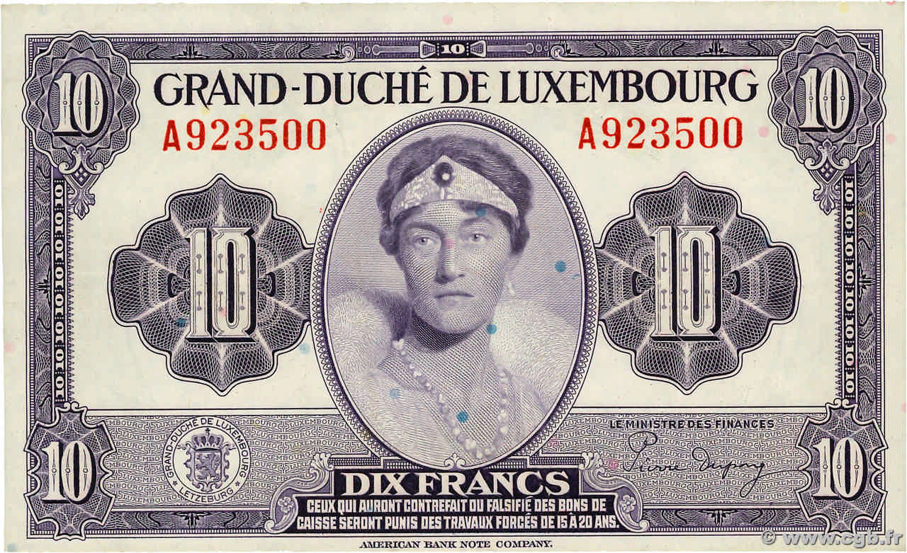 10 Francs LUXEMBOURG  1944 P.44a SUP+