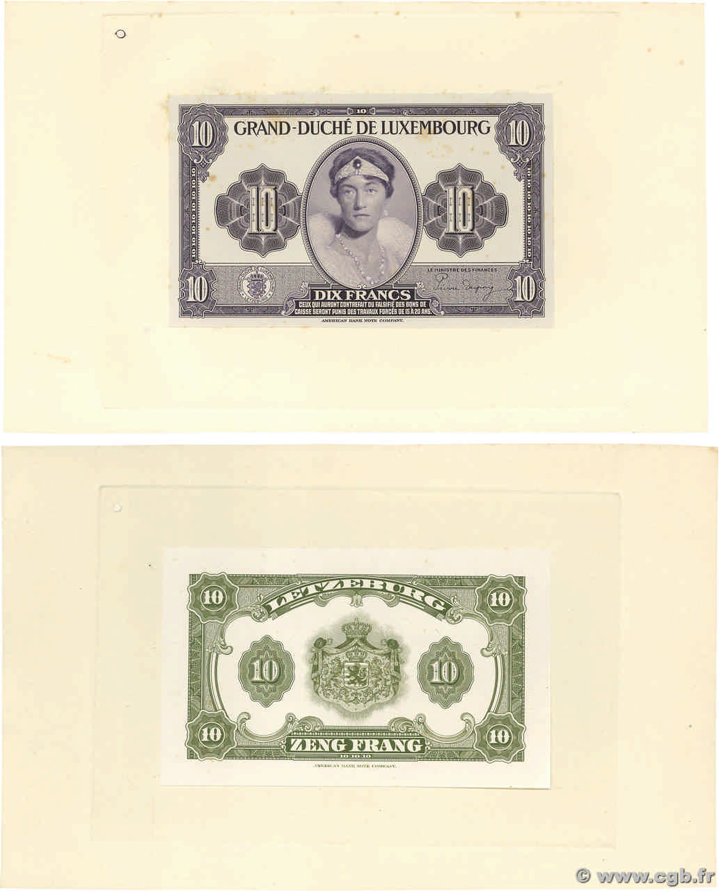 10 Francs Épreuve LUXEMBOURG  1944 P.44e pr.NEUF