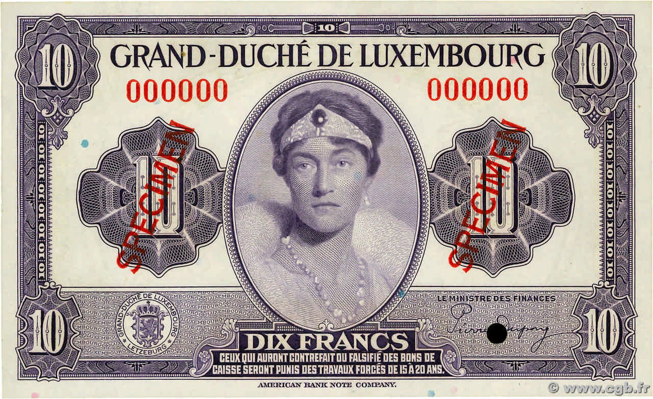 10 Francs Spécimen LUSSEMBURGO  1944 P.44s q.FDC