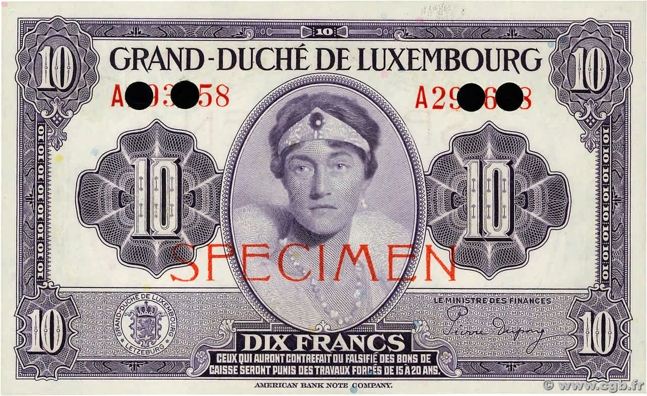 10 Francs Spécimen LUXEMBOURG  1944 P.44s NEUF