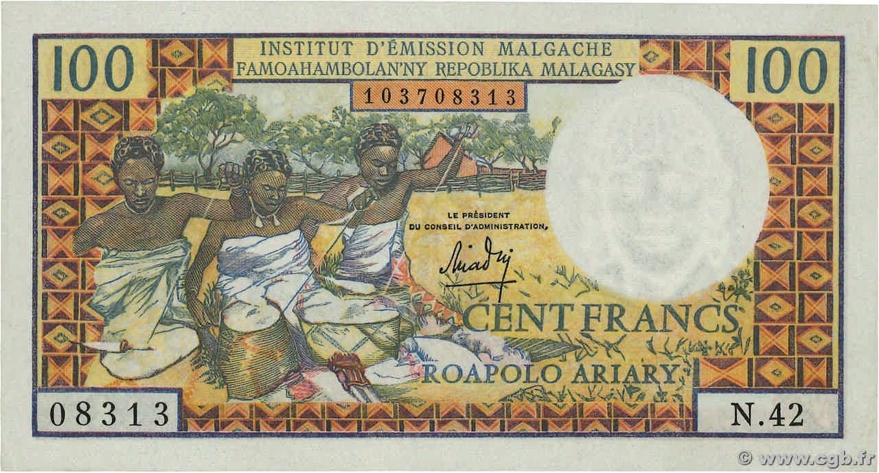 100 Francs - 20 Ariary MADAGASCAR  1966 P.057a XF