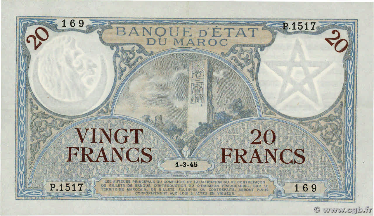 20 Francs MAROCCO  1945 P.18b SPL
