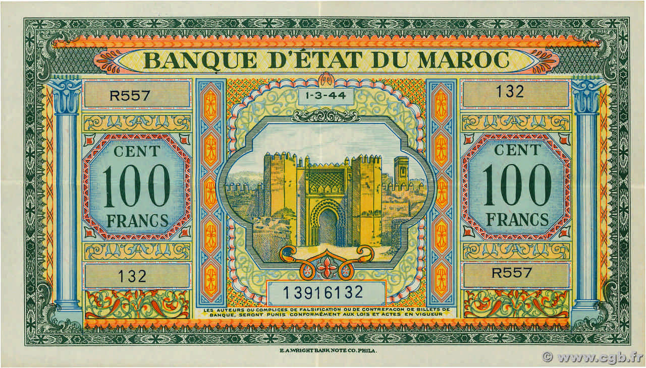 100 Francs MAROC  1944 P.27a SUP