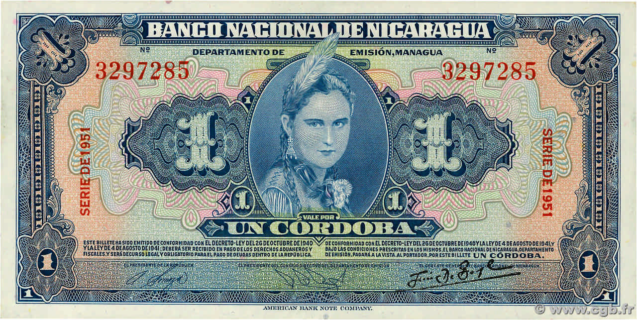 1 Cordoba NICARAGUA  1951 P.091b SPL