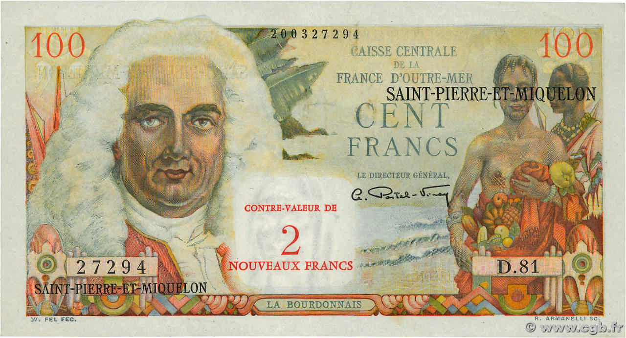 2 NF sur 100 Francs La Bourdonnais SAINT PIERRE ET MIQUELON  1960 P.32 pr.SPL