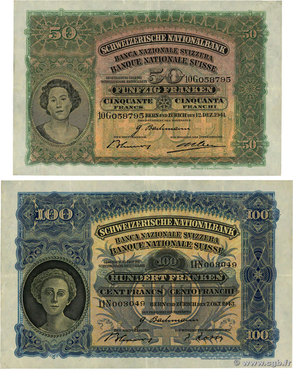 50 Francs et 100 Francs Lot SUISSE  1941 P.34l et P.35p S to SS