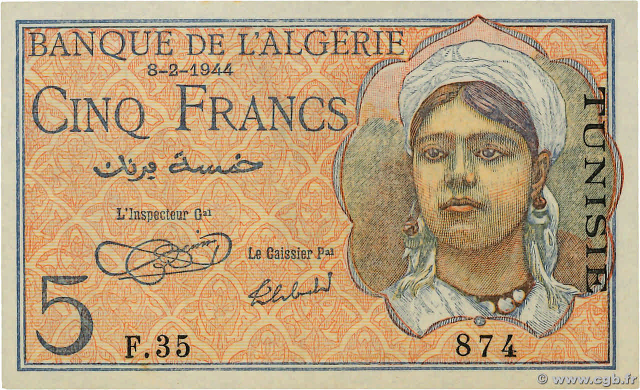5 Francs TUNESIEN  1944 P.15 fST