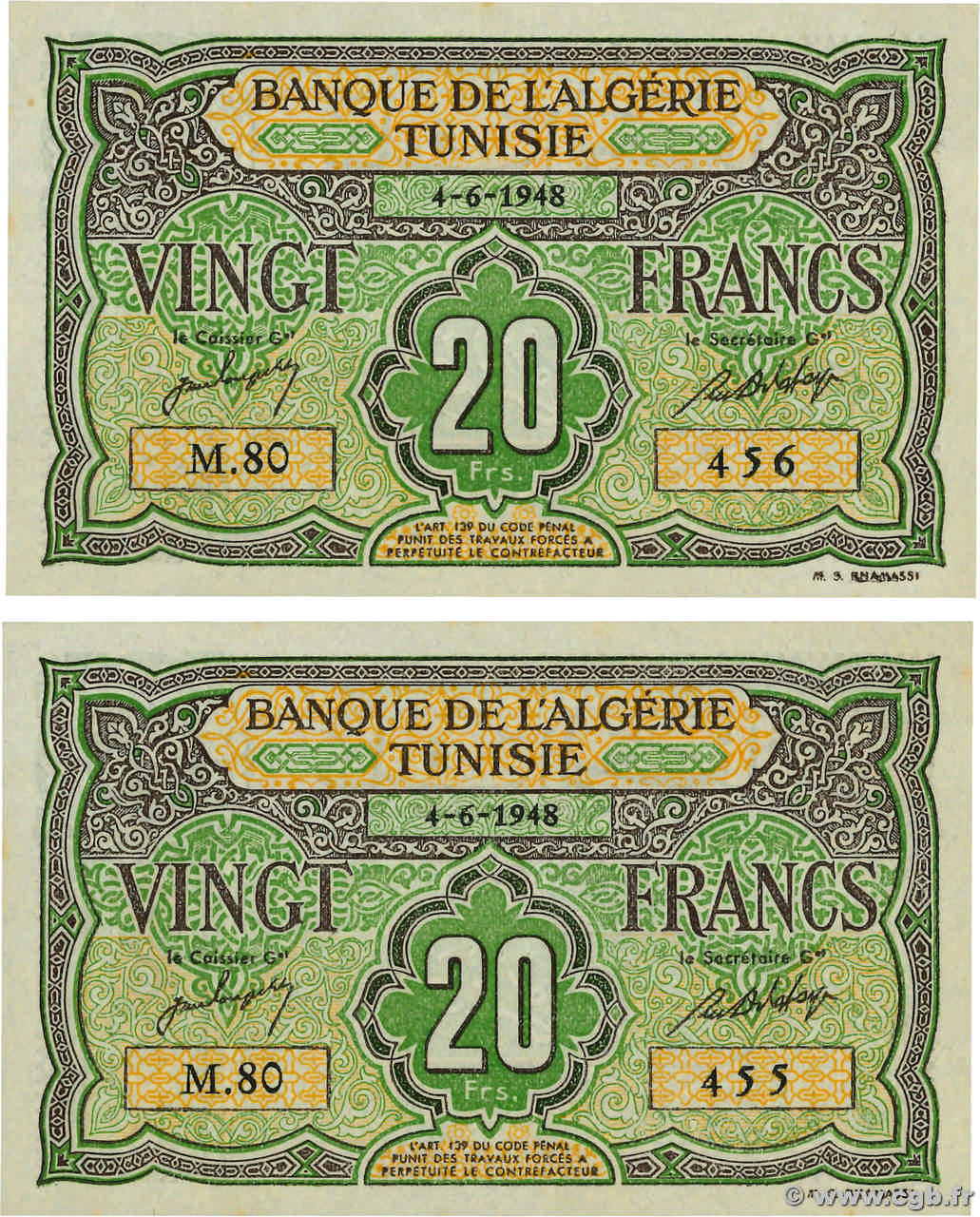 20 Francs Consécutifs TUNESIEN  1948 P.22 ST
