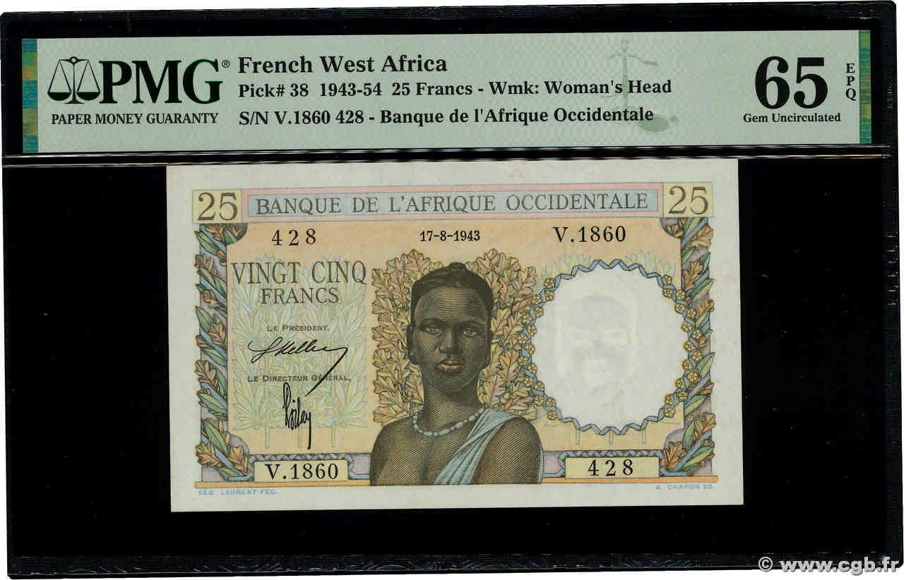 25 Francs FRENCH WEST AFRICA (1895-1958)  1943 P.38 UNC-