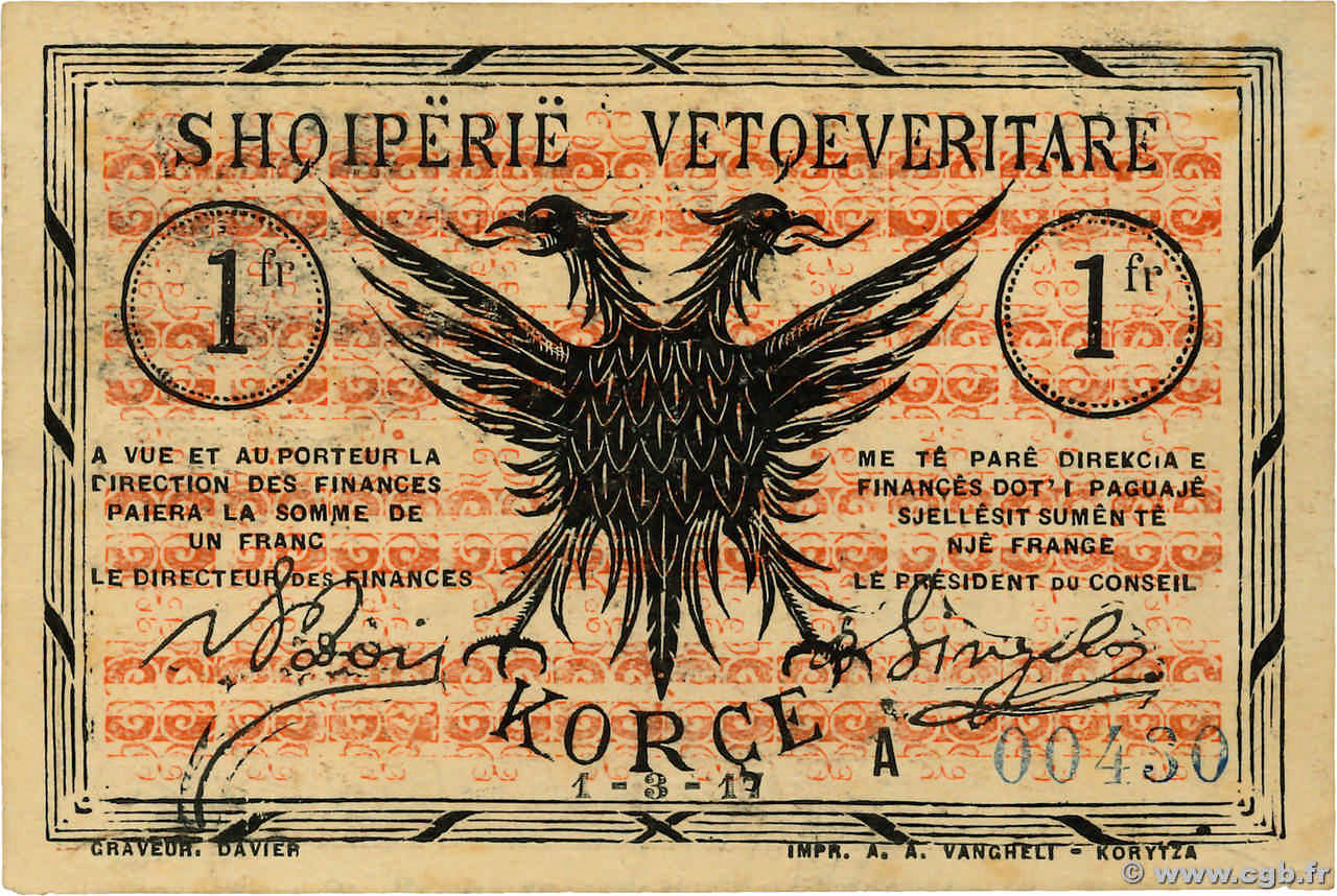 1 Franc ALBANIA  1917 PS.142a XF+