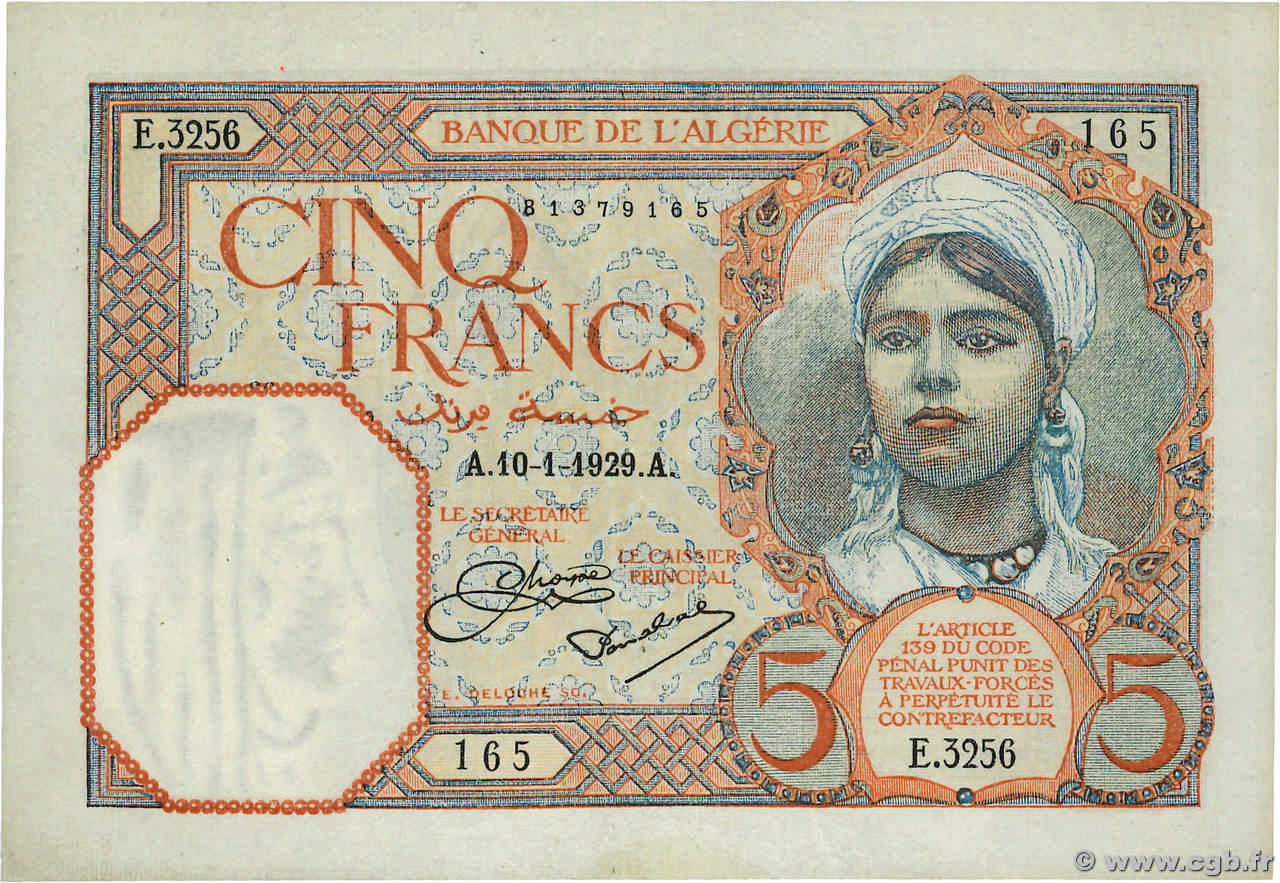 5 Francs ALGERIEN  1929 P.077a VZ